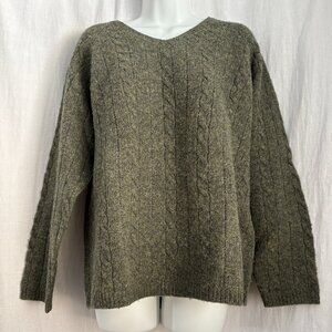 Express Bleus V-Neck Wool Cable Knit Green Sweater, Size M